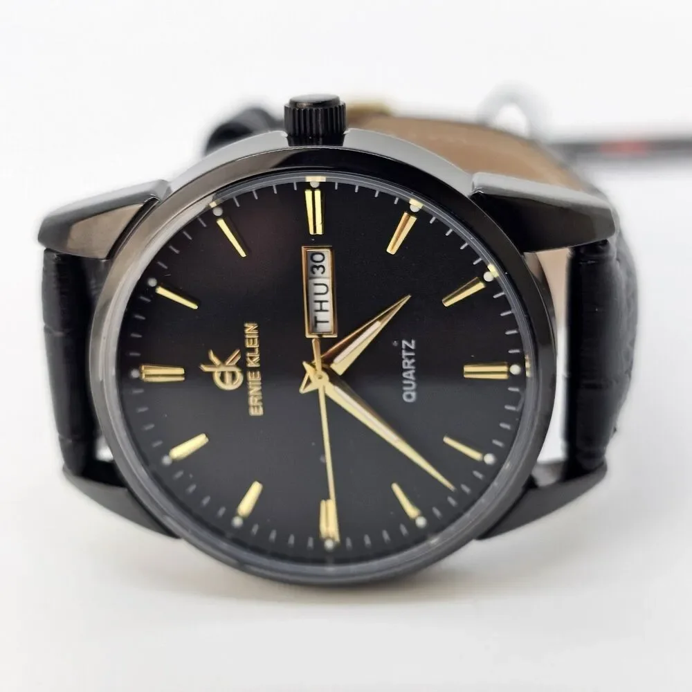 38MM Men’s Ernie Klein Watch Black Dial Day‎ Date Indicators Black Leather Bands